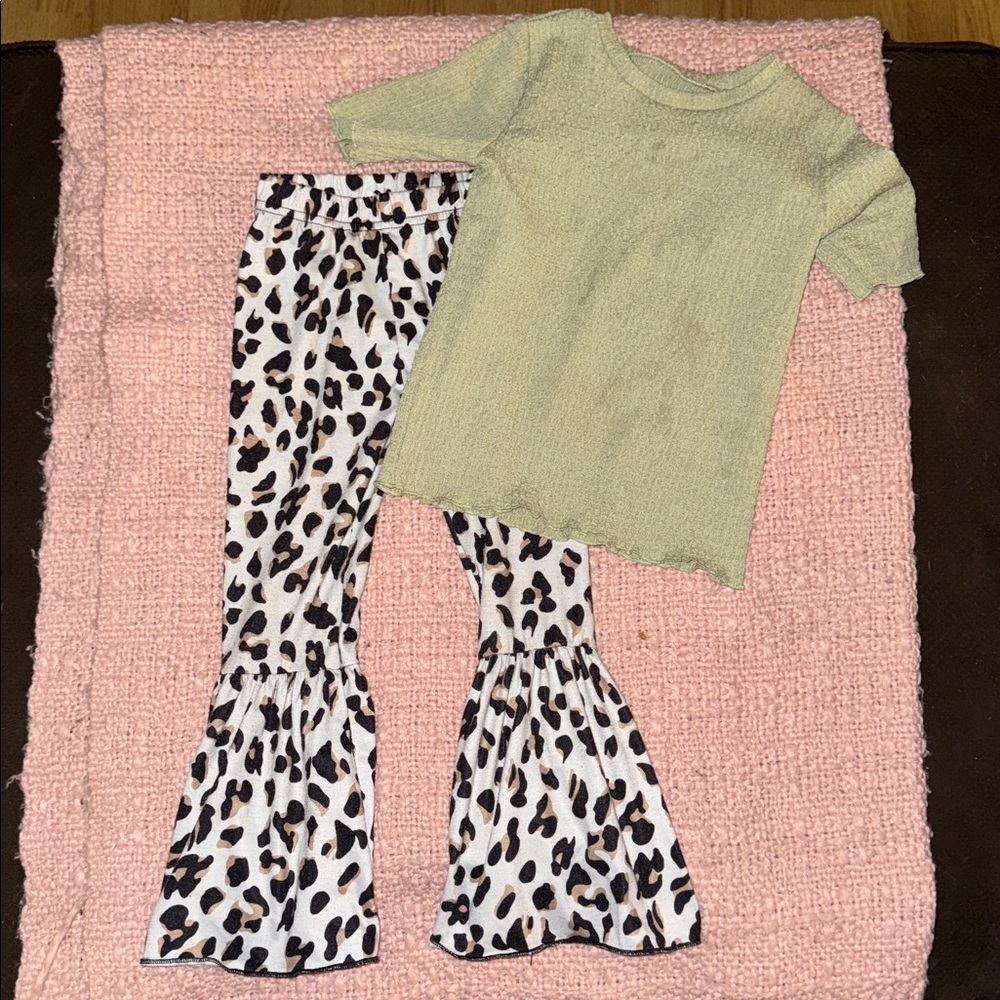 Green Top and Leopard Print Flare Pants Set
